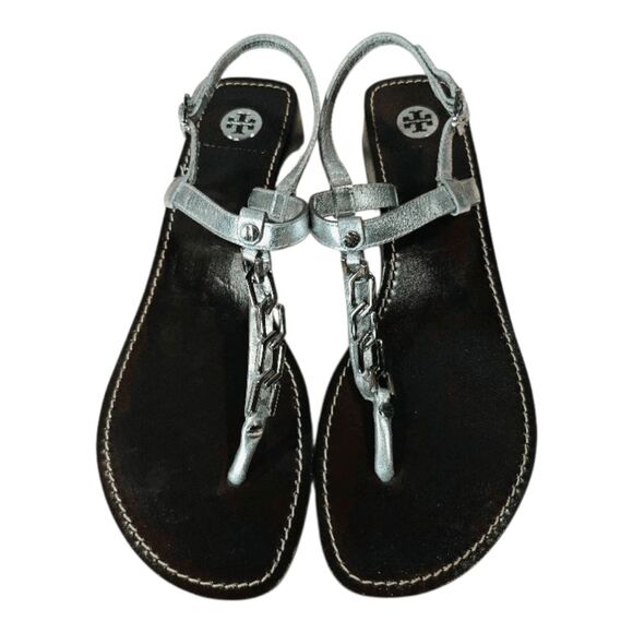 TORY BURCH Alani Chain Link T-Strap Wedge Sandal Size 9.5M - Picture 7 of 9